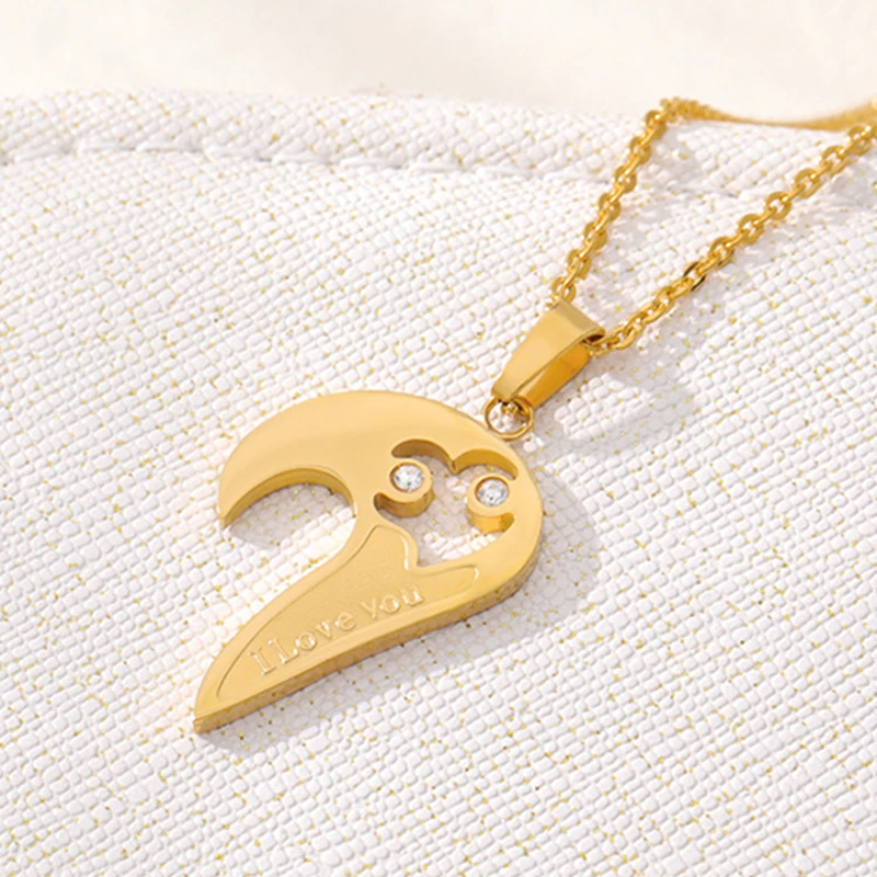 

Fashion Couple Set Broken Double Heart Zircon Pendant Necklace For Girl Stainless Gold Color Crystal Jewelry Wedding Gifts