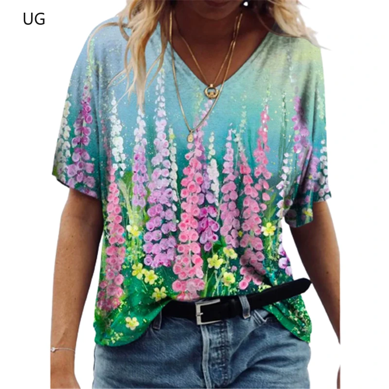 

UG Flower Print Fashion T Shirts For Women Casual Plus Size Tops Tee Summer New Ladies Short Sleeve V-Neck Loose Pullover Tops