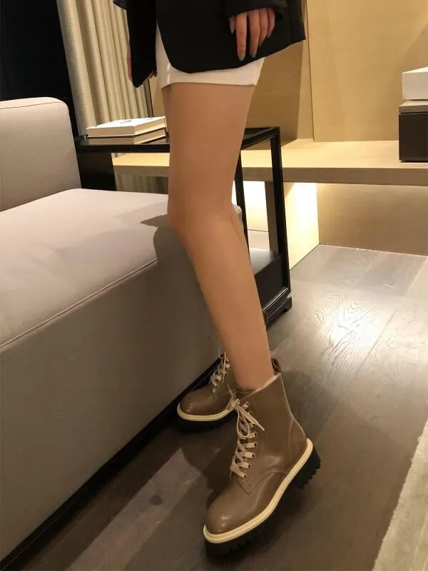 

Med Thick-soled Height Increase Women Short Boots Warm Designer Brand Shoes 2021 Hot Winter New Shiny Lace-up Wool Martin Boots