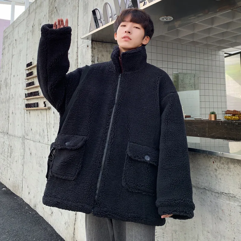 Winter Lamb Fur Jacket Men's Warm Thick Parka Men Fashion Solid Color Casual Coat Man Loose Cotton Jacket Male Clothes Overcoat