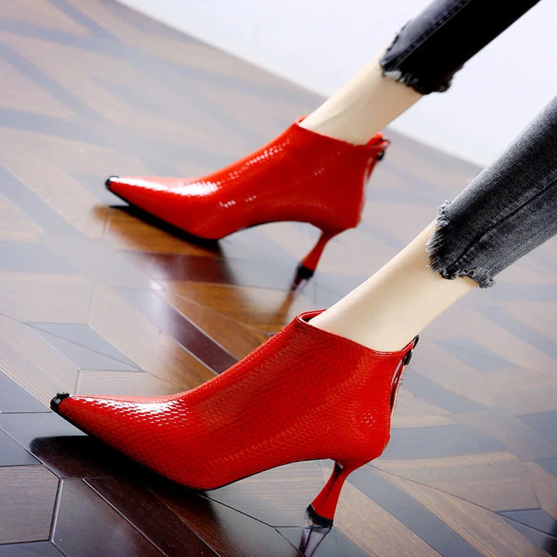 

Ankle Boots Women Botas Pointed Toe High Thin Heels Plush Short Botines PU Patent Leather Winter Shoes Date Work Party