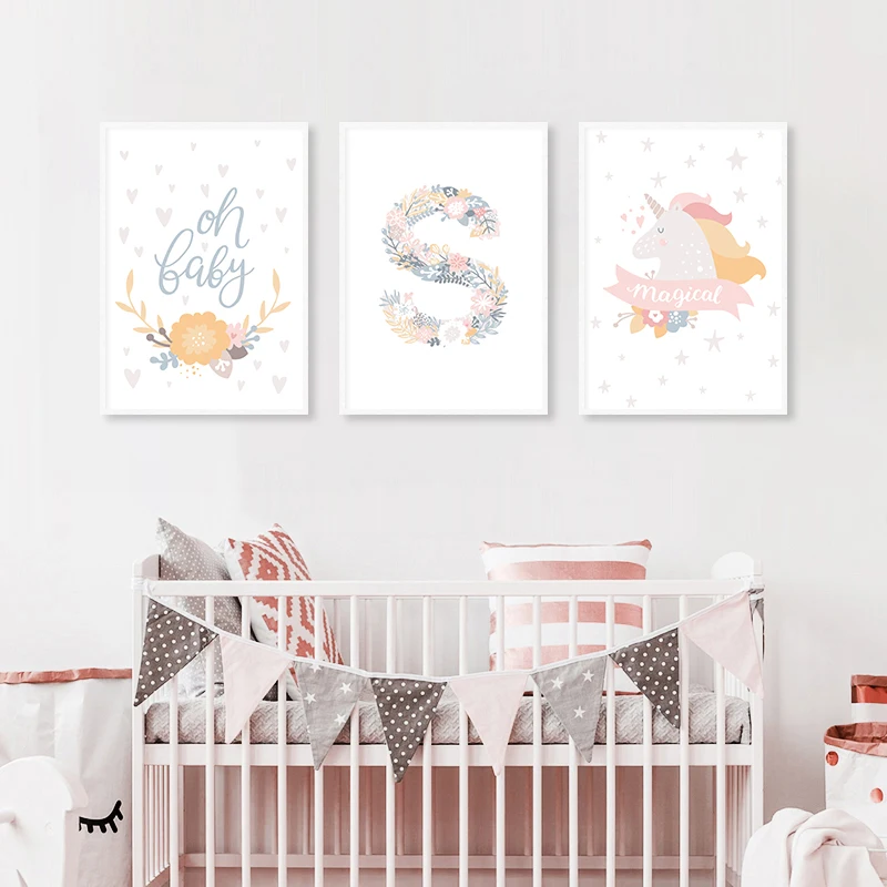 

Floral Alphabet Letters Unicorn Wall Art Canvas Posters And Prints For Pink Nursery Kids Baby Room Decor Aesthetic Room Decor