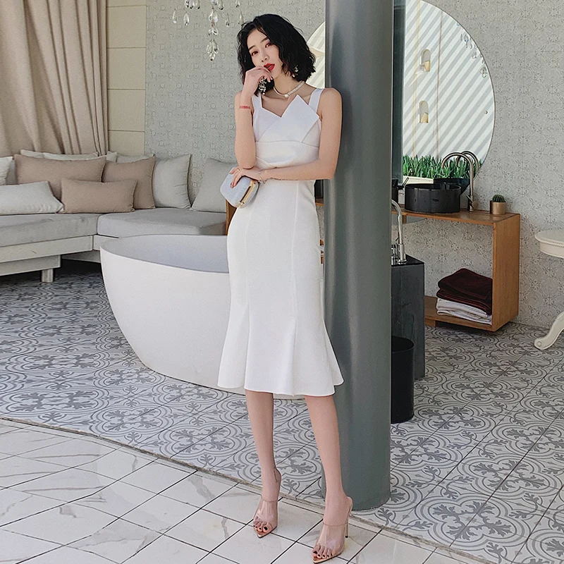 

White Evening Dresses Square Neck Sleeveless Ruffles Mermaid Simple Tea-length Fashion Plus size Women Formal Party Dress C160