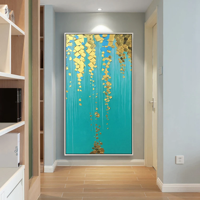 

Beautiful picture Handmade oil painting on canvas abstract gold foil green landscape wall art picture for living room bedroom