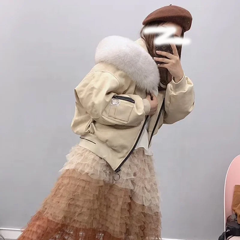 Winter female winter big fur collar Korean short puffer oversize down jacket fox hooded parka bomber women | Женская одежда