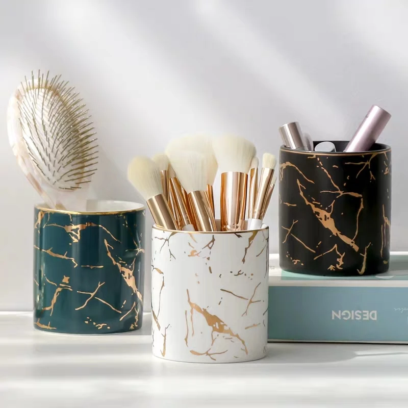 

Ins Marble Pattern Pen Holder Cosmetic Jewelry Storage Box Makeup Brush Lipstick Holder Ceramic Jar Home Table Organizer