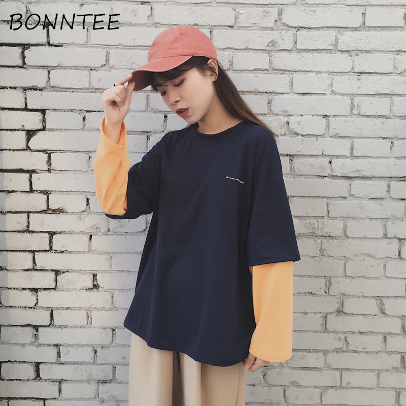 

T-shirts Women Fake Two Piece Ulzzang Harajuku BF Patchwork Loose Tees Chic Womens T-shirt Korean Style All-match Fashion Casual