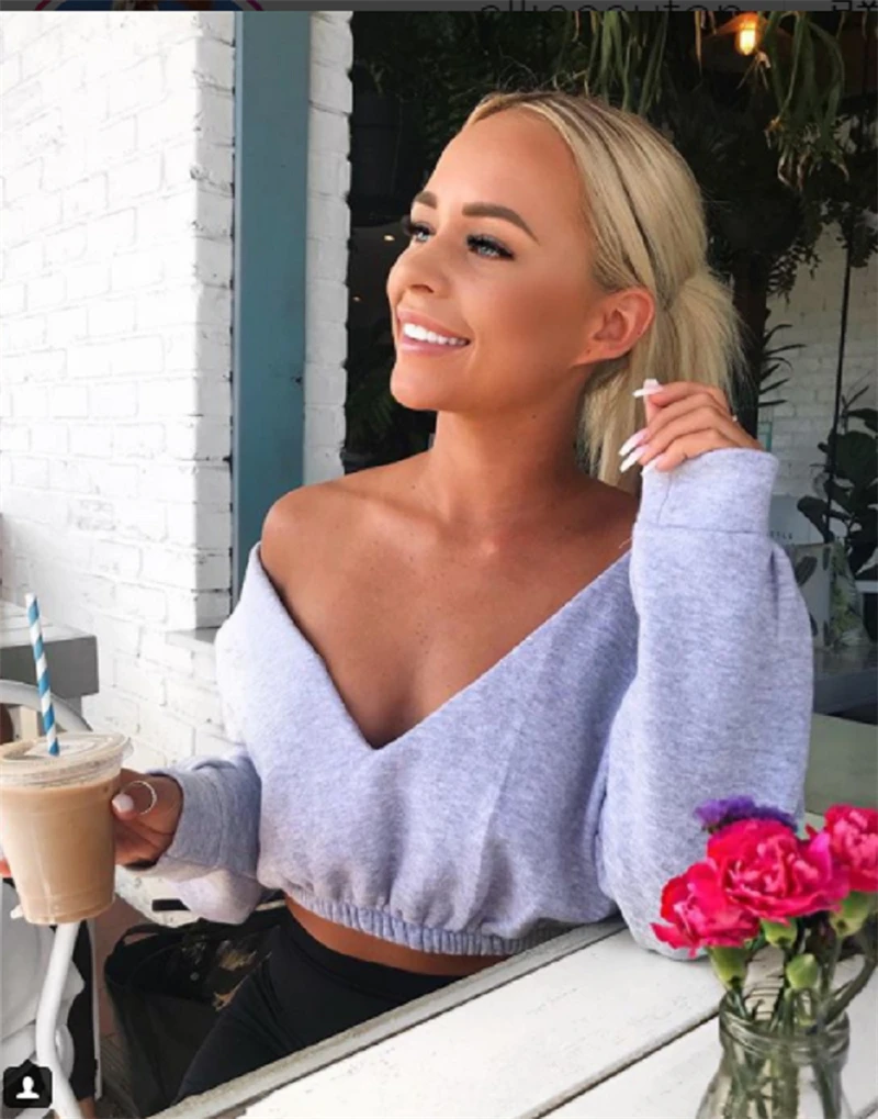 Sexy Women Crop Hoodies Long Sleeve Casual Female Cotton Sweatshirts Deep-V Neck Off Shoulder Street Wear 2020 New Fashion