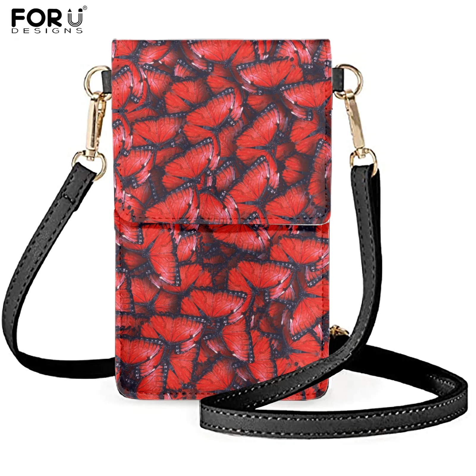

FORUDESIGNS Krasnye Babochki Pattern Ladies Cell Phone Pocket Lightweight Shoulder Phone Case Women Pu Light Mobile Phone Pouch