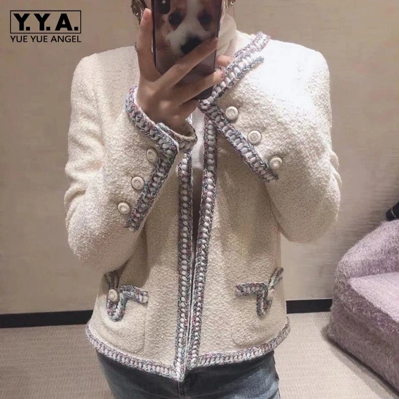 

Fashion Women Weave Edge Spring Fall Tweed Jacket Elegant Office Ladies Slim Fit Short Outwear Coat Brand Designer Party Jackets
