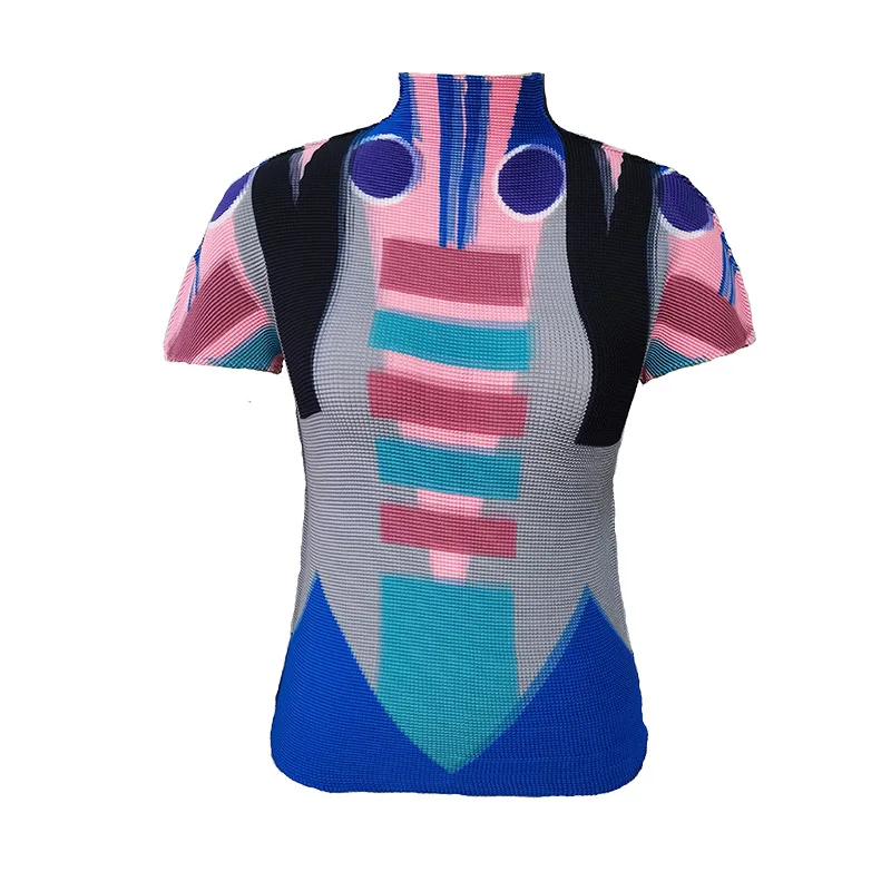 

T-shirt For Women 45-75kg 2020 Fashion Miyake Pleated Printed Half Turtleneck Short Sleeved Slim Elastic Short Tops Large Size