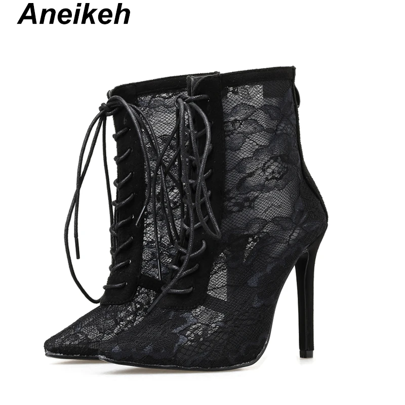 black Aneikeh/ г. Новые женские ботинки из сетчатой ткани для зрелых женщин свадебные туфли с острым носком на тонком высоком каблуке, на шнуровке, с цветочным рисунком черный цвет, размеры 35-40 - Цвет: black