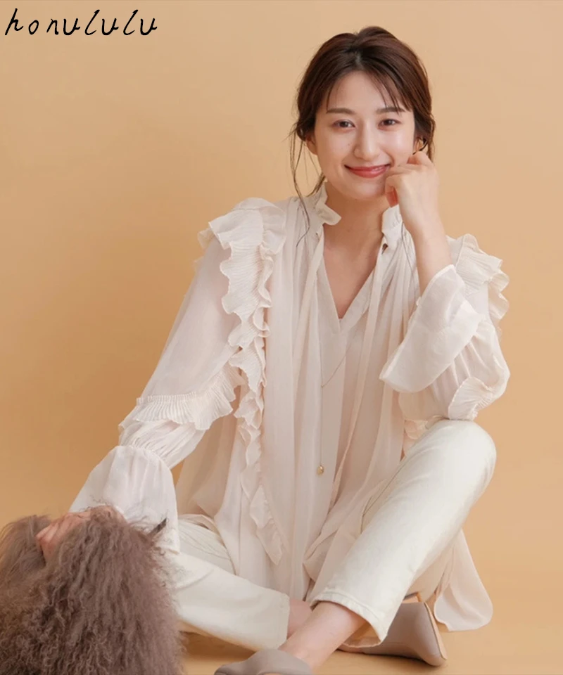 

2021 autumn new style Japanese solid color ruffled multi-layer fairy chiffon shirt blouse women