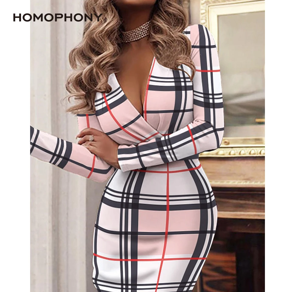 Homophony Sexy Plaid Dress High Waist Lady Party Dresses Deep V Neck Office Lady Design Skinny Midi Dress