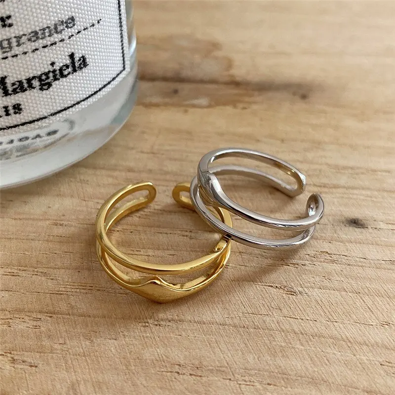 

A00892 925 Sterling Silver Minimalist Double Geometric Diamond Finger Ring for Trendy Women Chic French Couple Jewelry