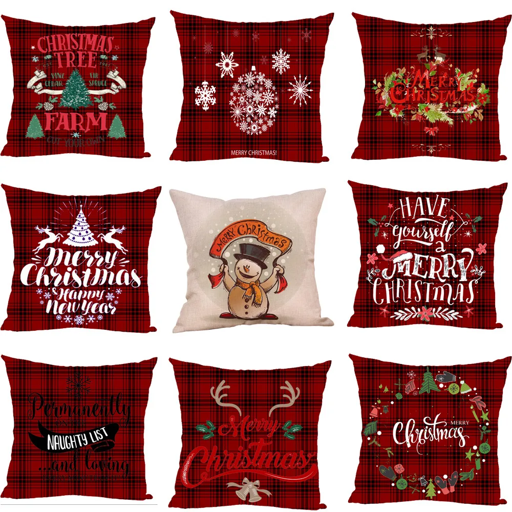 Рождественская красная клетчатая подушка 45x45 см с рождественским оленем