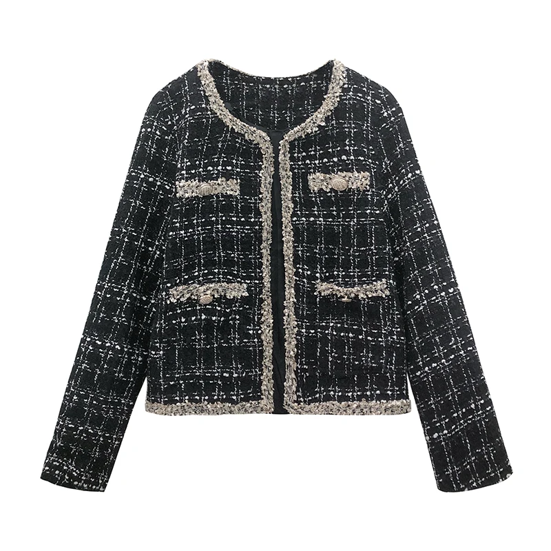 

REALEFT 2020 Autumn Plaid Women's Coat Female Korean Round Neck Long Sleeve Elegant Winter Women's Jacket Short Coat Female