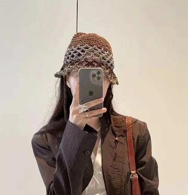 

202107-2509167 spring summer Hollow out Color matching weave Bohemian style street lady Skullies Beanies cap women cool hat