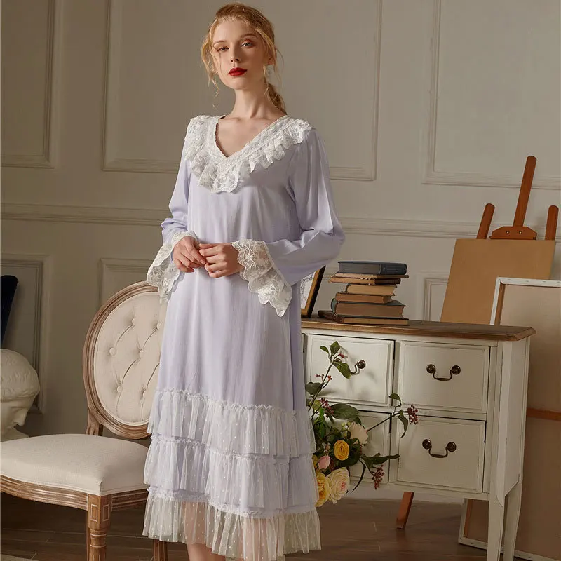

Spring Long-sleeved Sleeping Skirt Cotton Mesh Yarn Sexy Nightwear Lace Nightgowns Elegant Moving Court Sleepwear Women Dress