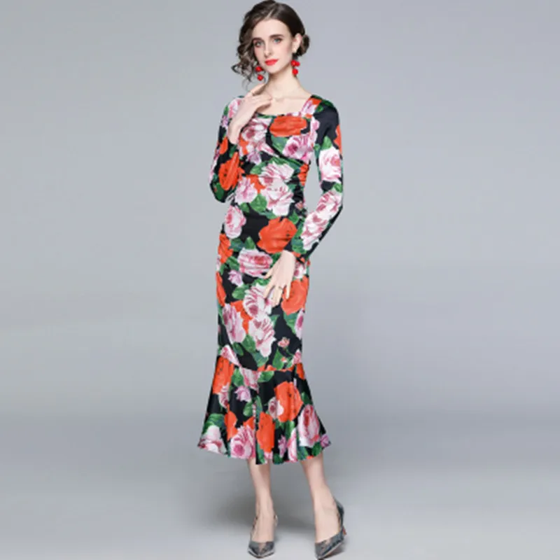 

Vintage Design Elegant Flower Print Mermaid Party Dress Spring Fall New Sexy Backless Bodycon Satin Midi Ruffles Robe Dress