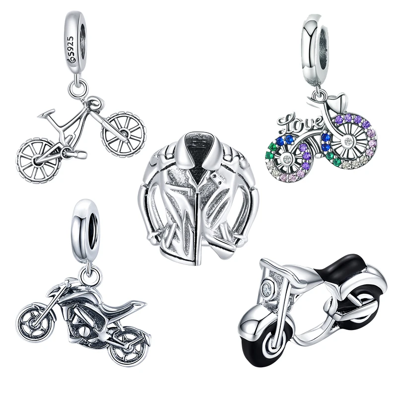 WOSTU Sterling Silver 925 Bike Bicycle Rainbow Zircon Beads Fit Bracelet Pendant For Women Necklace Party Jewelry BKC1082 | Украшения и