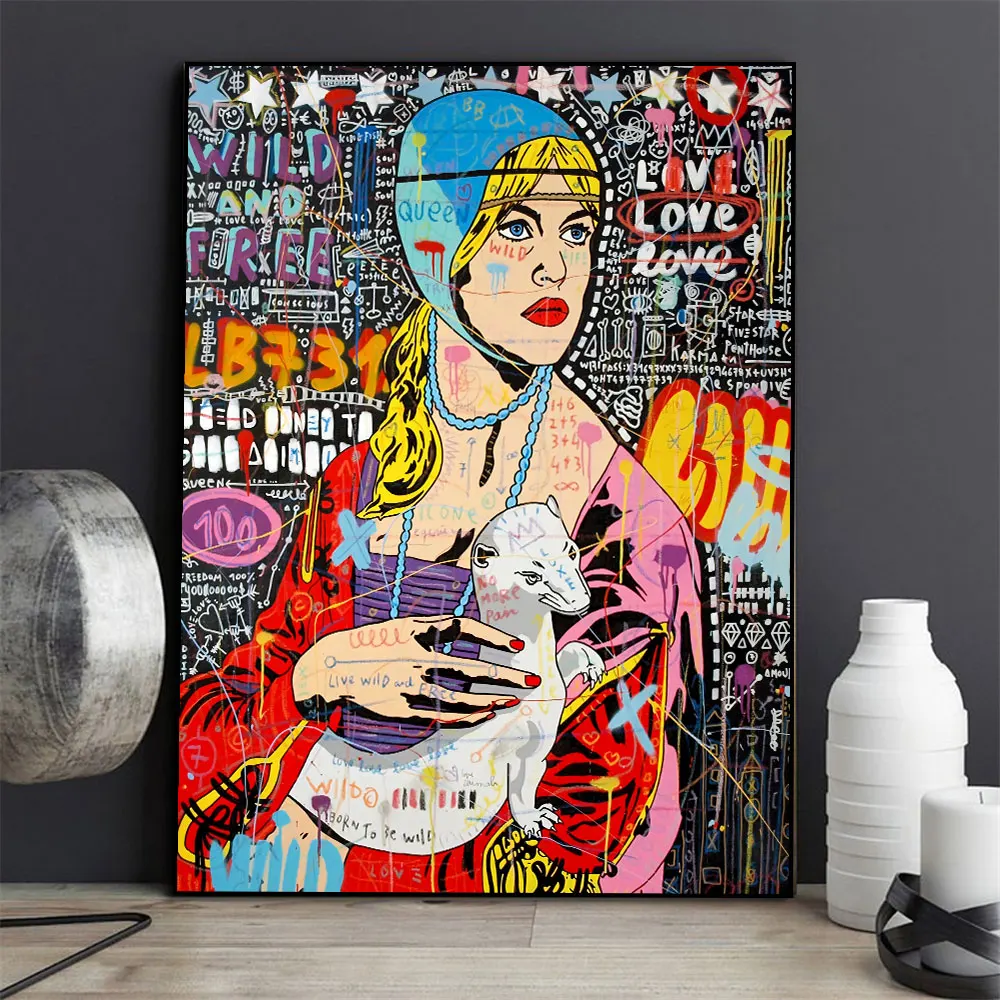 

Graffiti Art Woman Holding Lamb Oil Painting On Canvas Print Poster Wall Picture For Living Room Home Decor Decoration Frameless