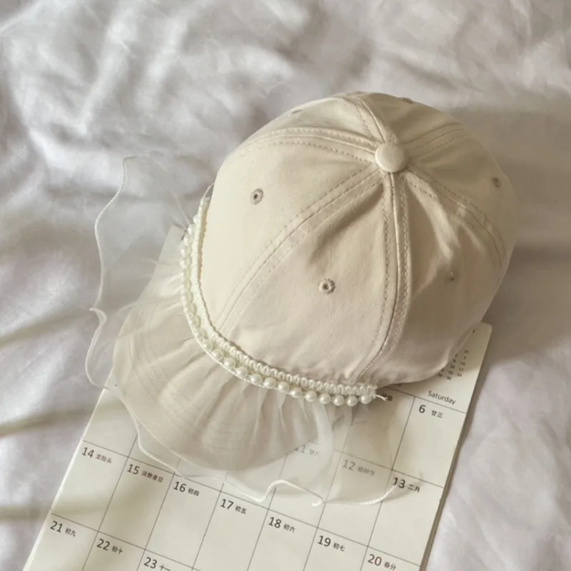 

WEIXINBUY Summer Baby Girls Fairy Cap Children's Pearl Lace Macarone Sunscreen Mesh Decoration Hat