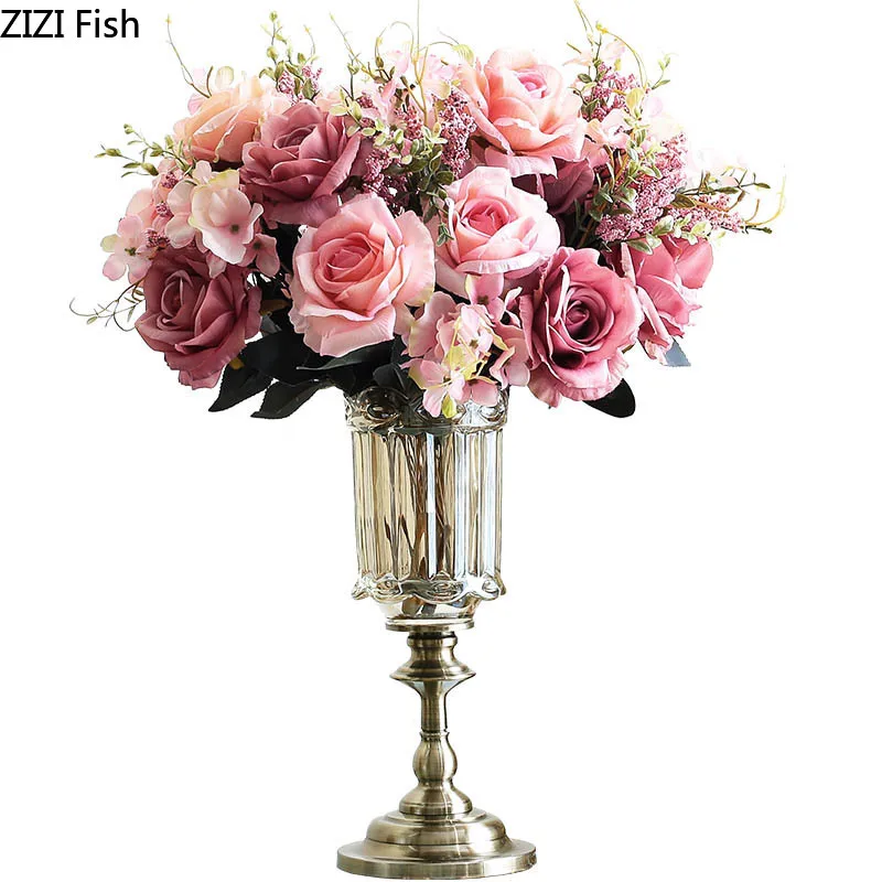 

NORDIC VINTAGE HOME DECOR VASES FOR FLOWERS GLASS VASE LUXURIOUS HYDROPONICS FLORAL FLOWERS ARRANGEMENT ALLOY BASE FLOWER POT
