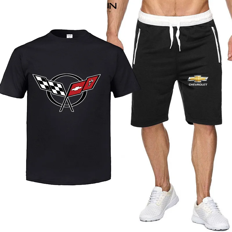 

2021 Summer Men's Brand Chevrdlet Logo T-Shirt Set 2-Piece Sportswear Sports Fitness Printed Short Sleeve + Shorts Suit