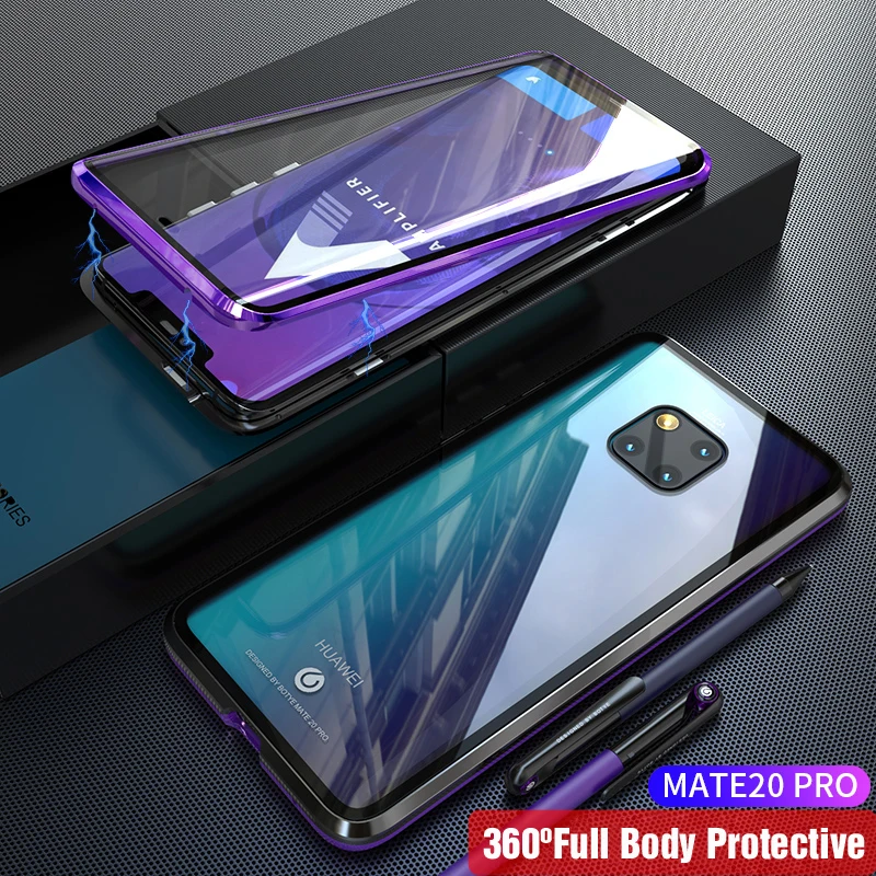 Black Purple Передний и задний стеклянный Магнитный чехол для huawei mate 20 Pro, чехол 360, прозрачный жесткий чехол для huawei mate 20Pro, чехол mate 20Pro - Цвет: Black Purple