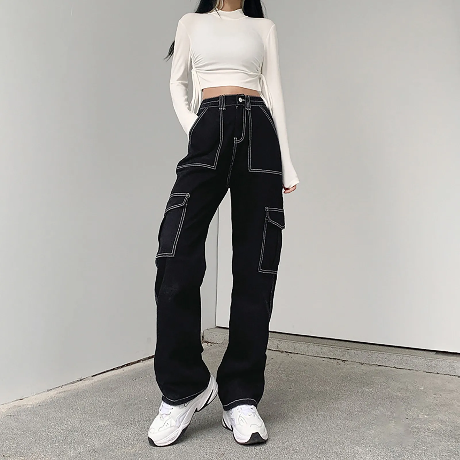 

Casual Pockets Patchwork Baggy Jeans Fashion Streetwear Women Denim Trouser Loose Cargo Pants Korean Jeans Harajuku 2021 New