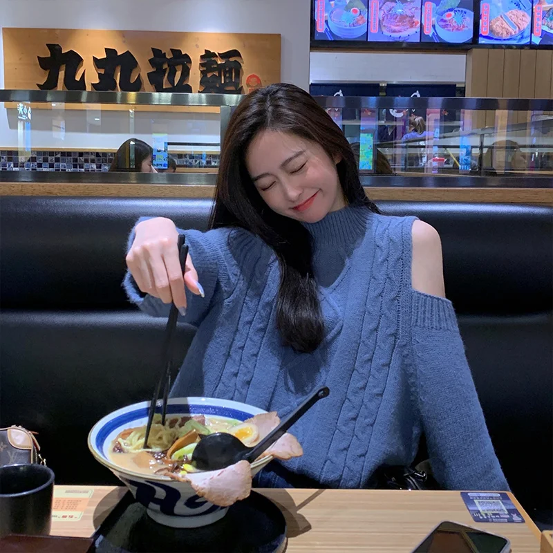 

Вязаная Шерстяная водолазка с открытыми плечами в стиле ретро, Осень-зима 2021