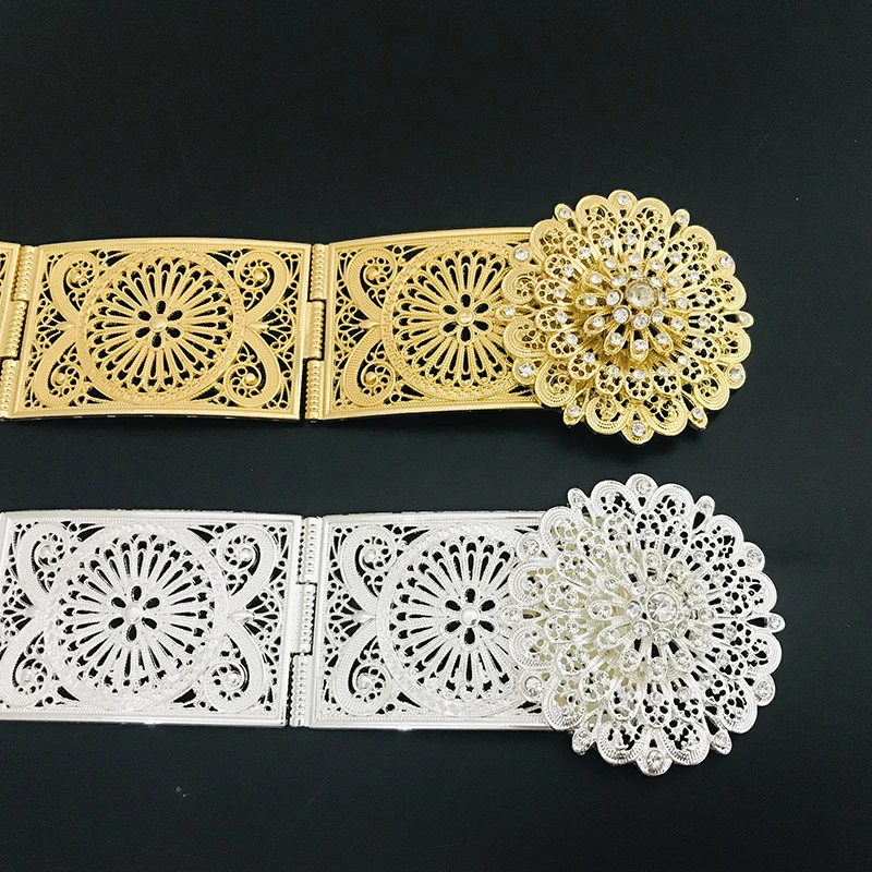 Moroccan Chic Caftan Wedding Metal Belt for Women Gold Silver Color Rhinestone Waist Chain Dubai Bridal Dress Body Jewelry