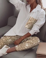 sequin long sleeve shirt glitter shiny pant sets women 2021 autumn new fashion suit