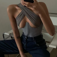 fashion plaid sleeveless backless cropped 2021 sexy cut out cross halter crop tops y2k female cami top summer streetwear