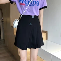 irregular pleated black skirt women spring summer new high waist a line suit short khaki skirt female button zipper