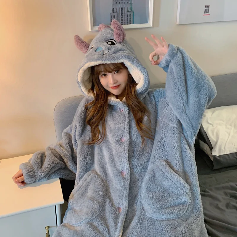 Winter Nightgown Dress Girl Kawaii Cartoon Hooded Coral Fleece Thicken Keep Warm Single Breasted Full Sleeve Cute Pajamas Women