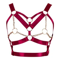 wine red harness bra top punk gothic chain gold sexy lingerie belts strappy chest cage women body bondage plus size hollow out