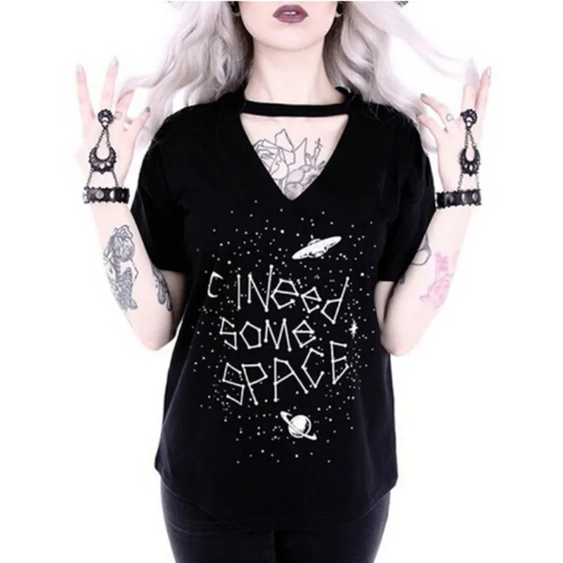 Готический стиль панк девушка футболка Мода Женщины галактика короткий рукав
