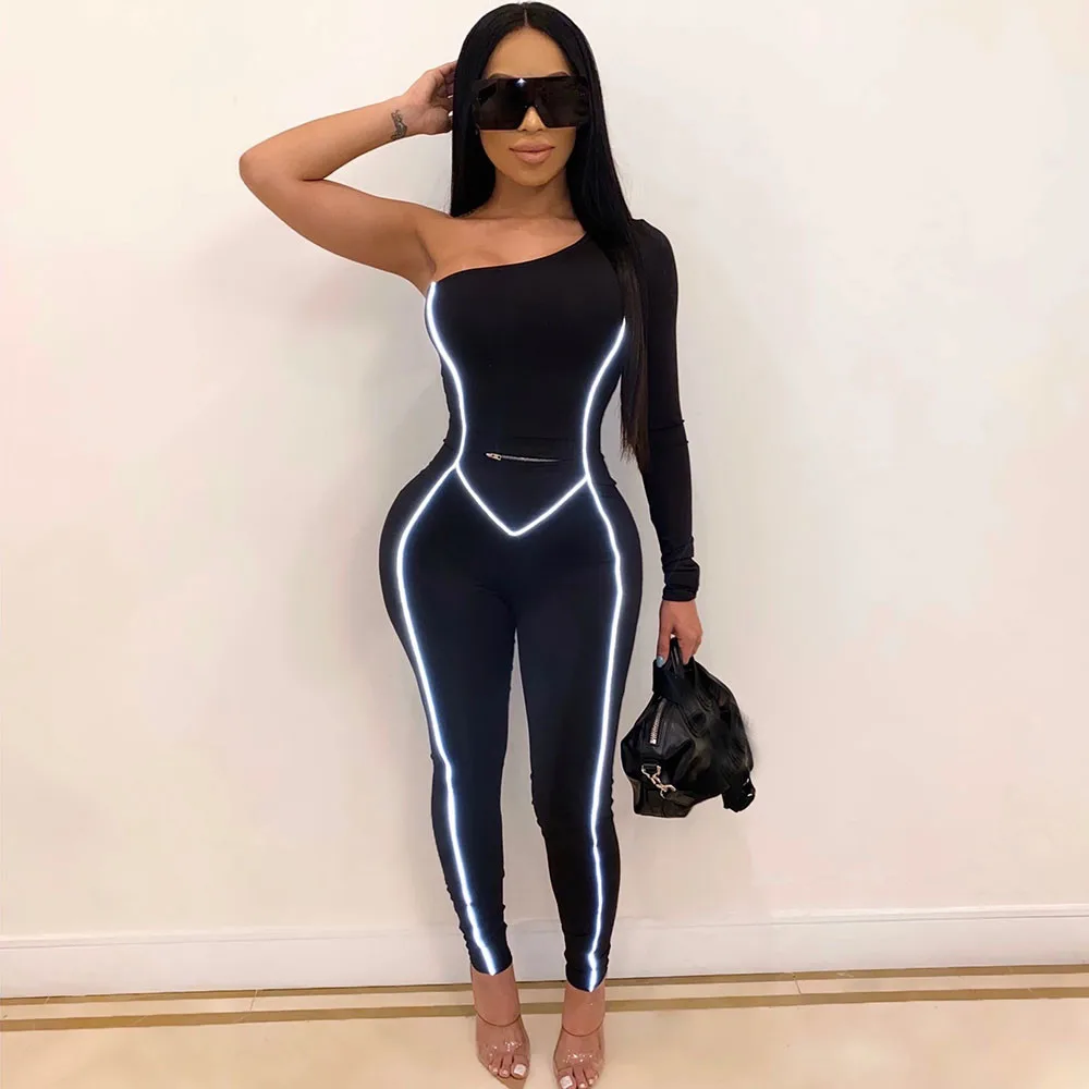 Женский Облегающий комбинезон на одно плечо однотонный светоотражающий в