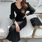 Черное элегантное трикотажное платье для женщин, Осеннее трикотажное платье с V-образным вырезом, женское корейское платье, осень деловая вязаная одежда