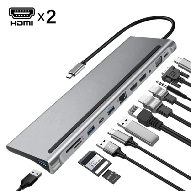 

Docking Station USB C HUB Type-C 12-In-1 with Dual 4K HDMI Gigabit Ethernet Ports for and USB C Laptops Phone