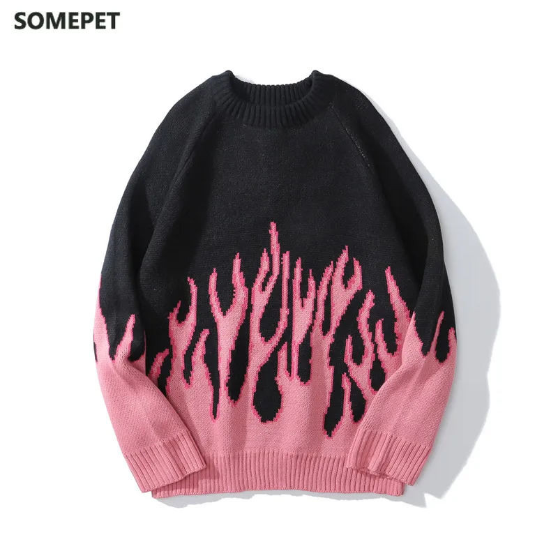 Pink Flame Off Shoulder Sweater Men Women Autumn Oversized Men's Sweater Knitwear Men Clothing