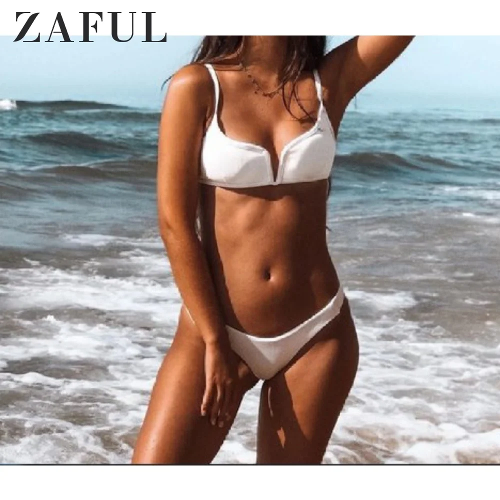 Женский купальник бикини с v образным вырезом ZAFUL однотонный глубоким и купальный