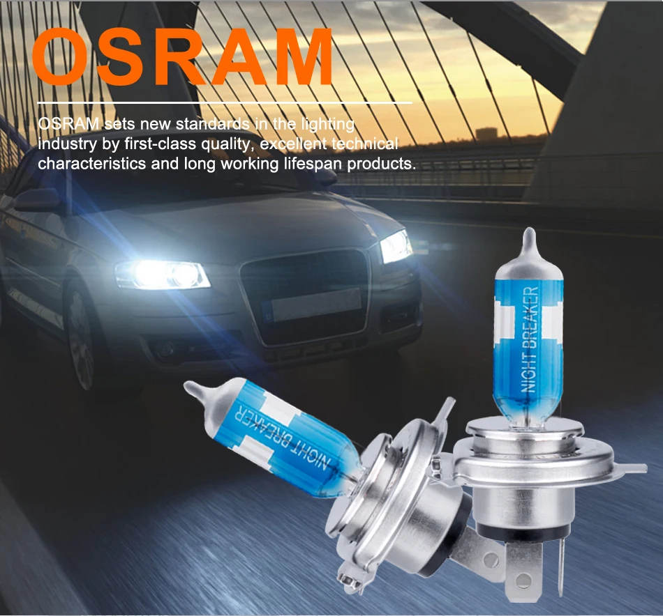 Лампа Ксеноновая OSRAM ампулы voiture h4 64193NL Hi/короче спереди и длиннее сзади) 12В для ближнего и дальнего света 55W 4050K Night breaker лазерной следующего поколения галогенная лампа для автомобиля H4 фар 9003/HB2