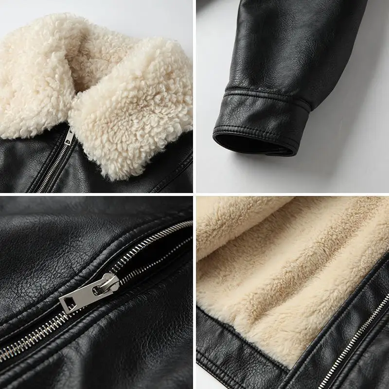

Retro Hong Kong style spring and autumn plush fur coat black locomotive coat women's short 2021 lamb collar thickened jacket