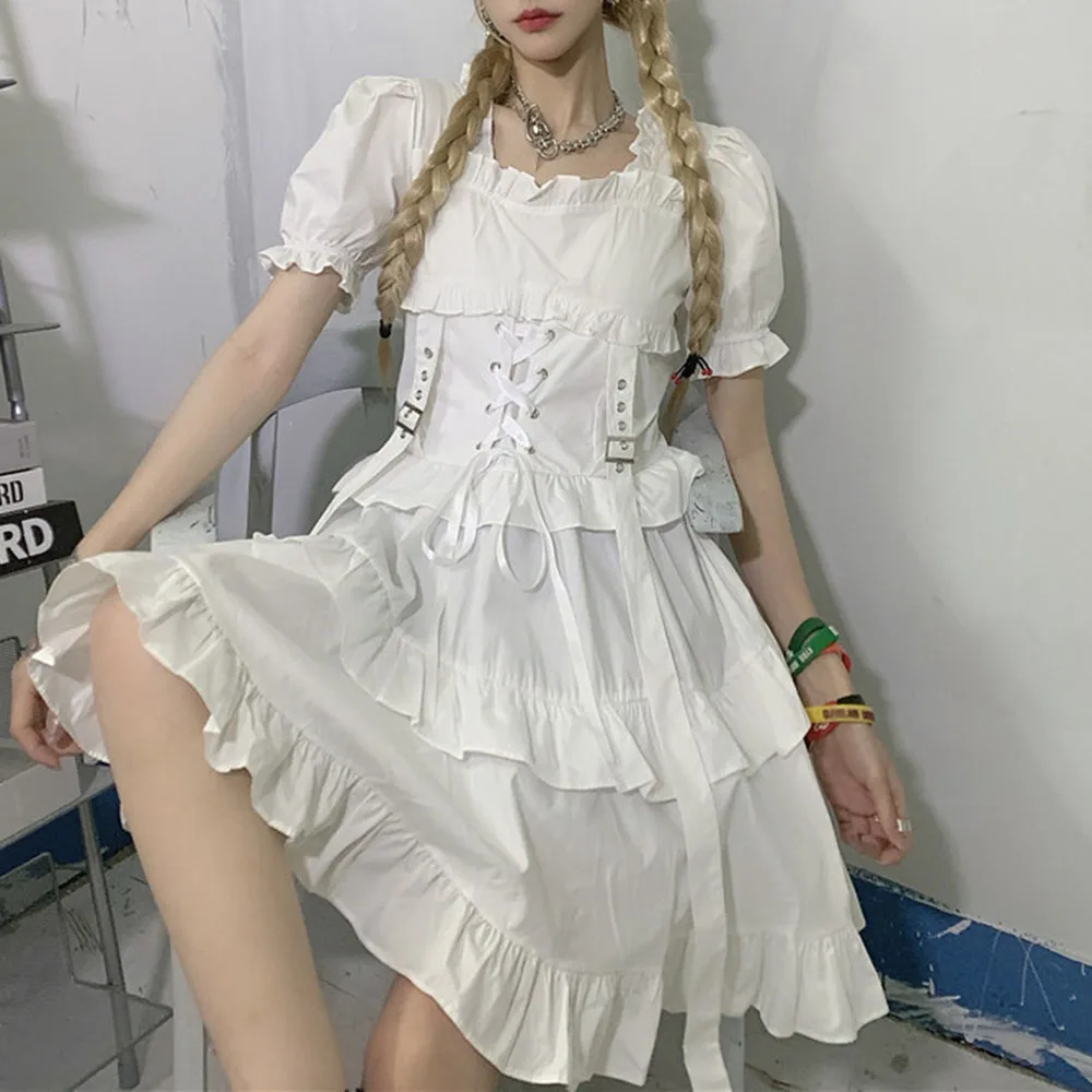 

Summer Nice Retro Fashion Fashion Ruffle Puff Sleeve Bandage Solid Color Draw Back Round Neck Women's Dress Hipster Casual