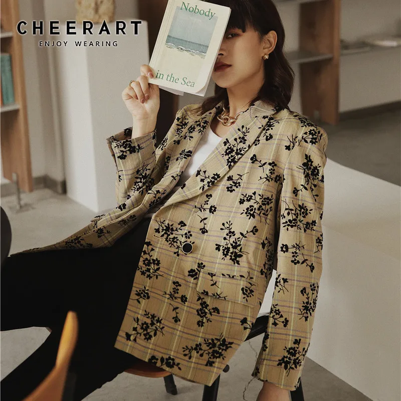 CHEERART женский клетчатый Блейзер желтый пиджак и куртки в цветочек| |