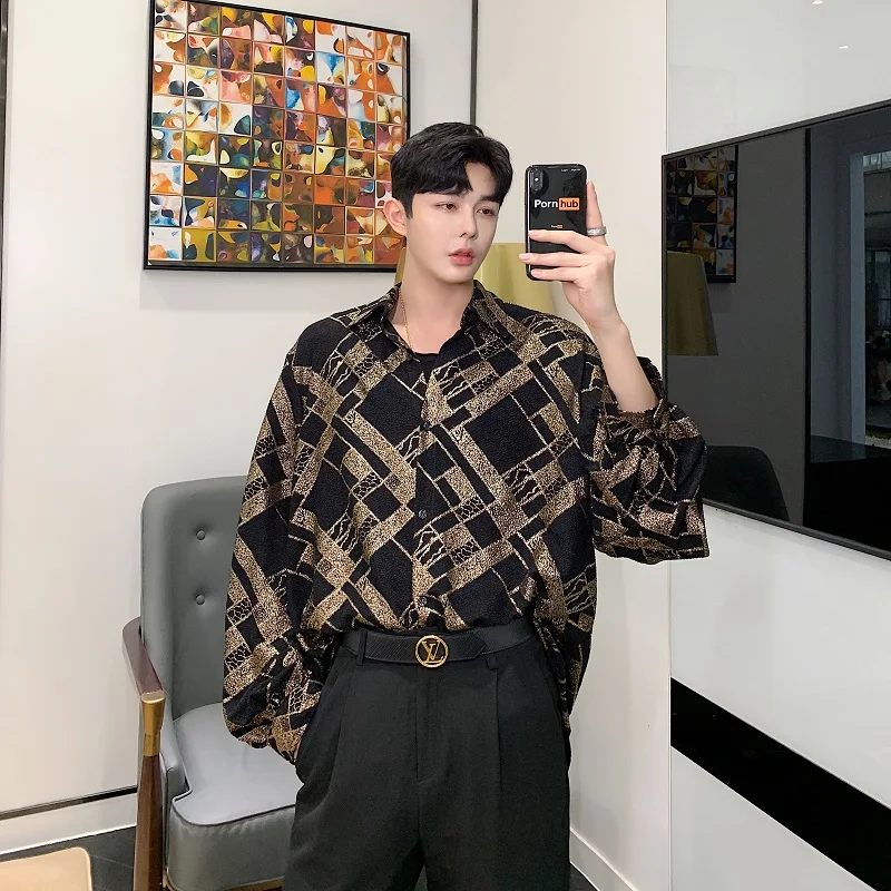 Рубашка мужская с длинным рукавом Свободный кардиган золотым узором деловая