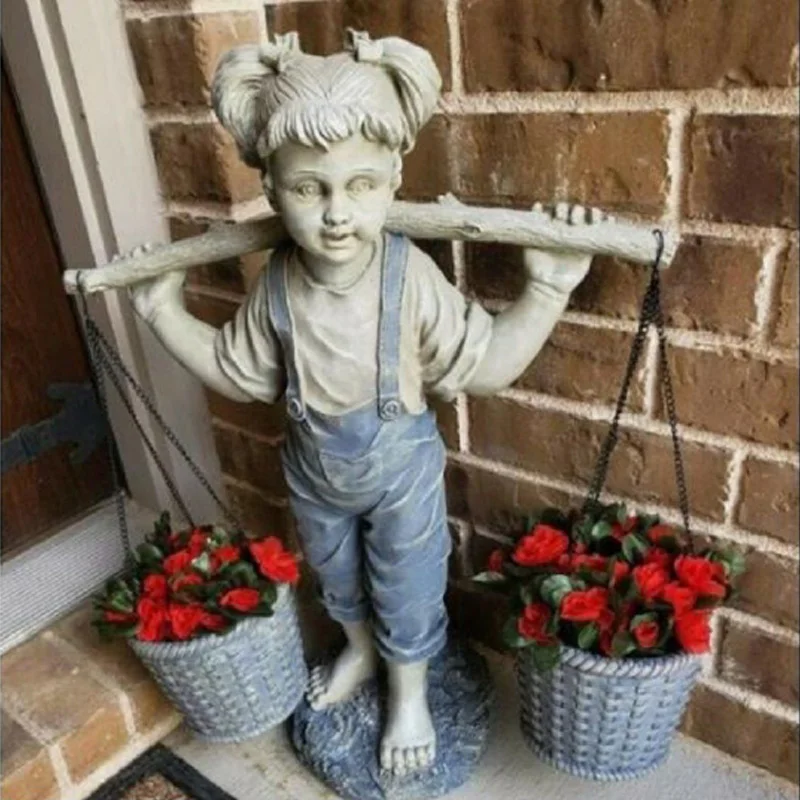 

1pcs Flowers For Felicity Little Girl Lawn Art Outdoor Garden Statue Two Tone Stone Garden Statues Sculptures Decoration